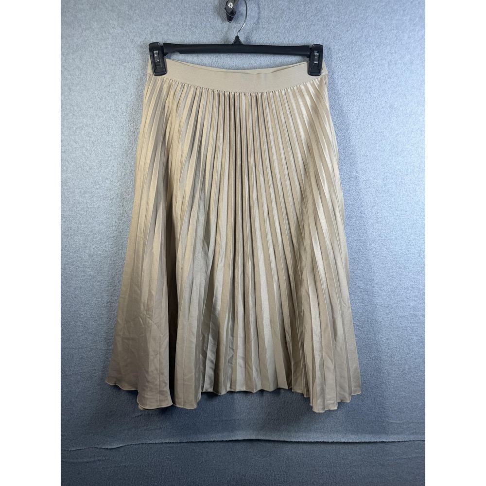 H&M Skirt Womens Medium Beige Pleated Satin Midi Elastic Waist Pull On Dressy